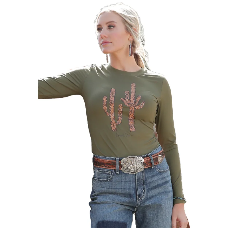 Cruel Denim Ladies Green Cactus Print Long Sleeve T-Shirt CTK7491002-- Lace Blend Ribbed Blend Corduroy Blend