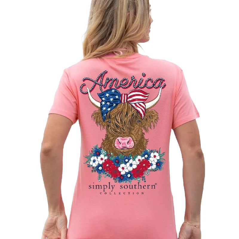 Simply Southern American Cow T-Shirt SS-AMERICANCOW-CONCH-- Fleece Fabric Down Fabric Feather Fabric
