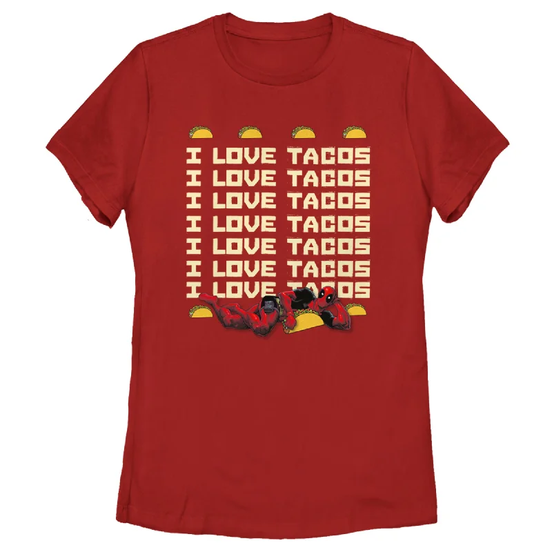 Women's Marvel Deadpool I Love Tacos T-Shirt-- Notch Collar Peter Pan Collar Cowl Neck