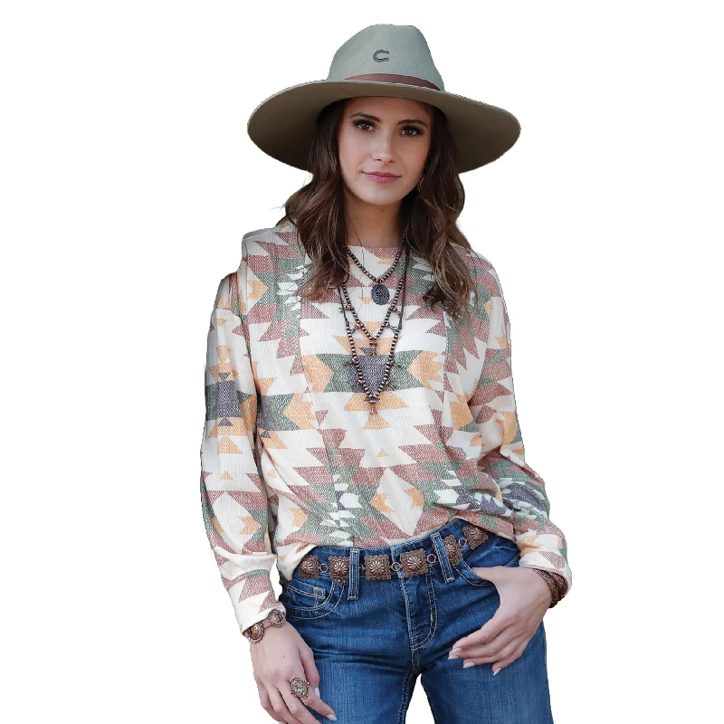 Cruel Denim Ladies Cream Aztec Print Knit Long Sleeve Shirt CTK7463002-- Spandex Blend Rayon Blend Denim Blend