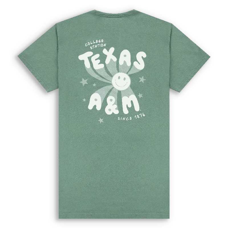 Texas A&M Smiley Face and Stars Cypress Green T-Shirt-- Hooded Caped Shawl Collar