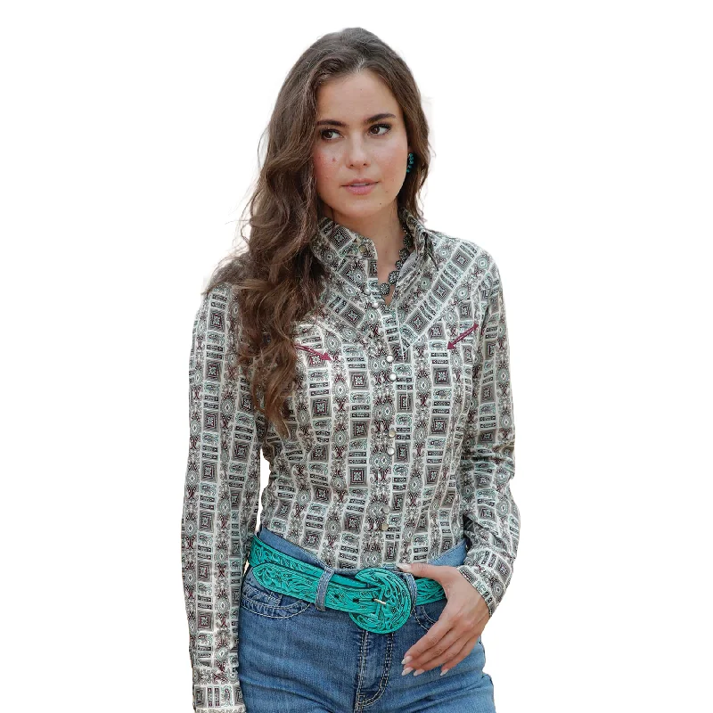 Cinch Ladies Cream Western Print Snap Button Shirt CTW7466004-- Houndstooth Herringbone Solid