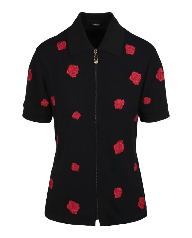 Versace Womens Zip Up Rose Embroidered Short Sleeve Shirt-- Chenille Blend Fleece Blend Nylon Blend