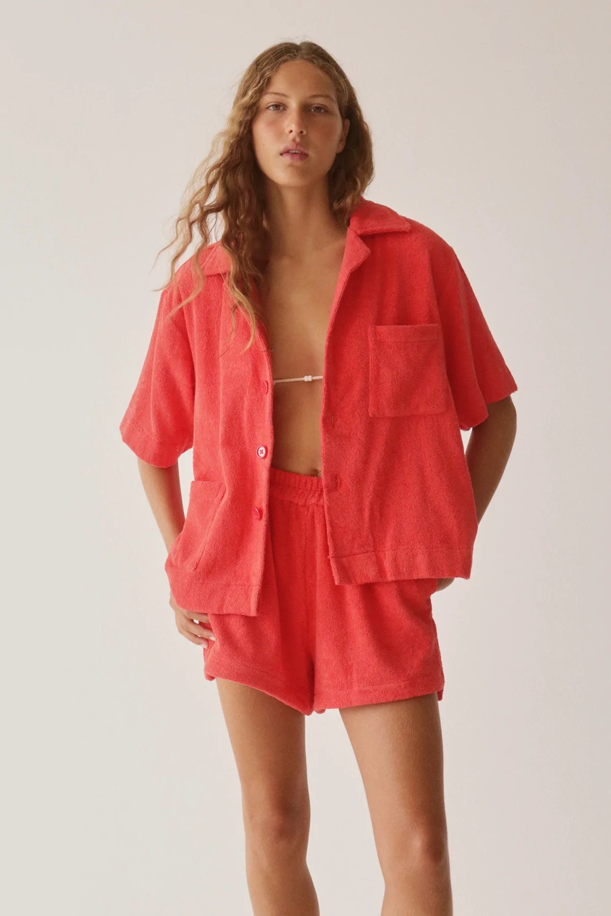 Red Terry Towelling Shirt for Women-- Knit Fabric Woven Fabric Fleece Fabric