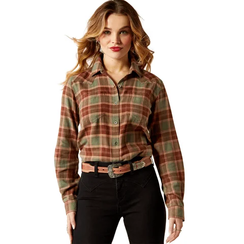 Ariat Women's Billie Jean Oakwood Plaid Long Sleeve Shirt-- Notch Collar Peter Pan Collar Cowl Neck
