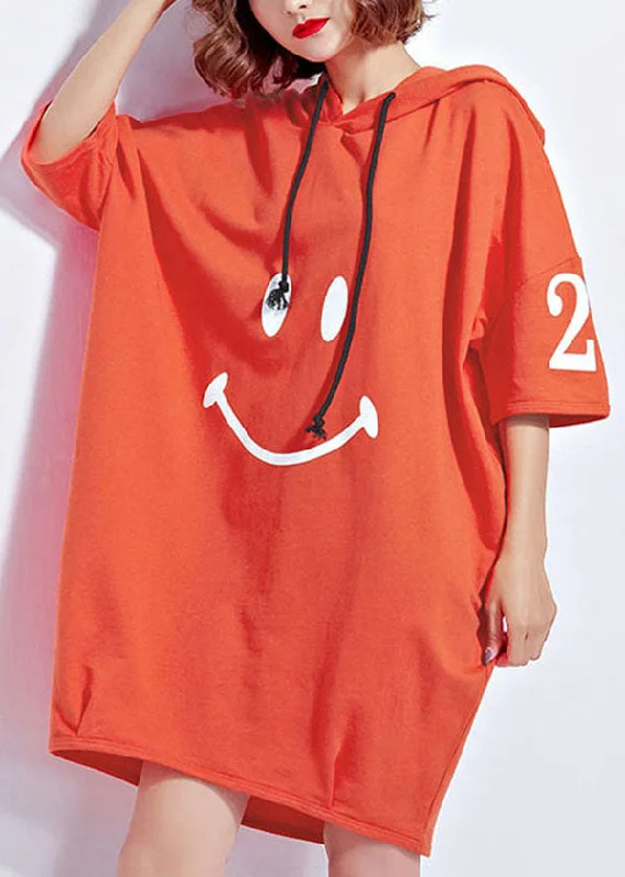 Orange Letter Print Cotton Sweatshirt Dresses Drawstring Hooded Short Sleeve Hoodie Dress Longline Feminine