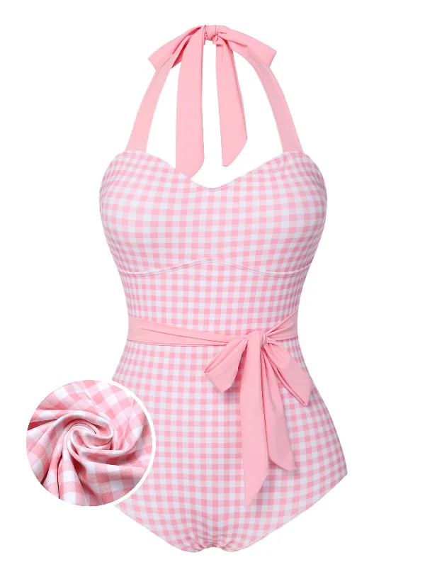 Pink 1940s Plaid Halter One-Piece Swimsuit Classic Swimsuit Design