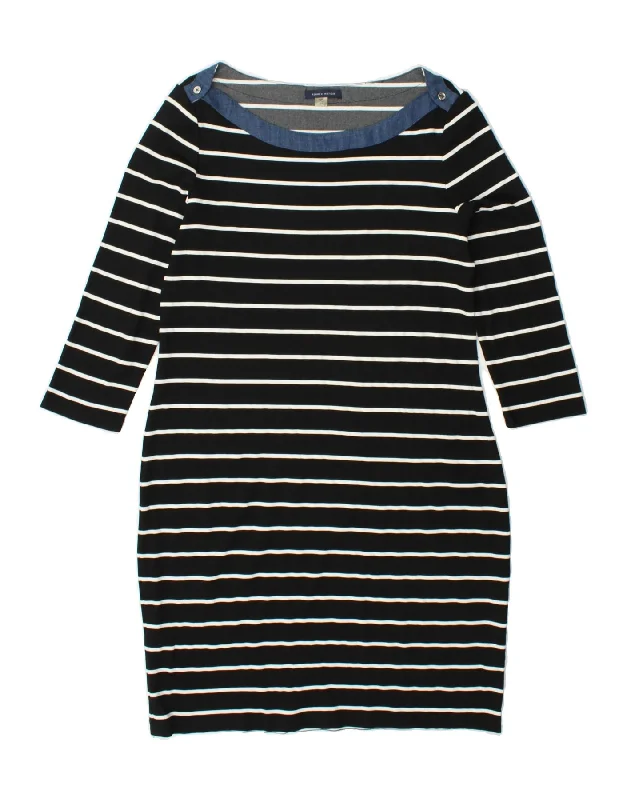 TOMMY HILFIGER Womens 3/4 Sleeve Sheath Dress US 14 XL Black Striped Rayon Crew Neckline Sporty