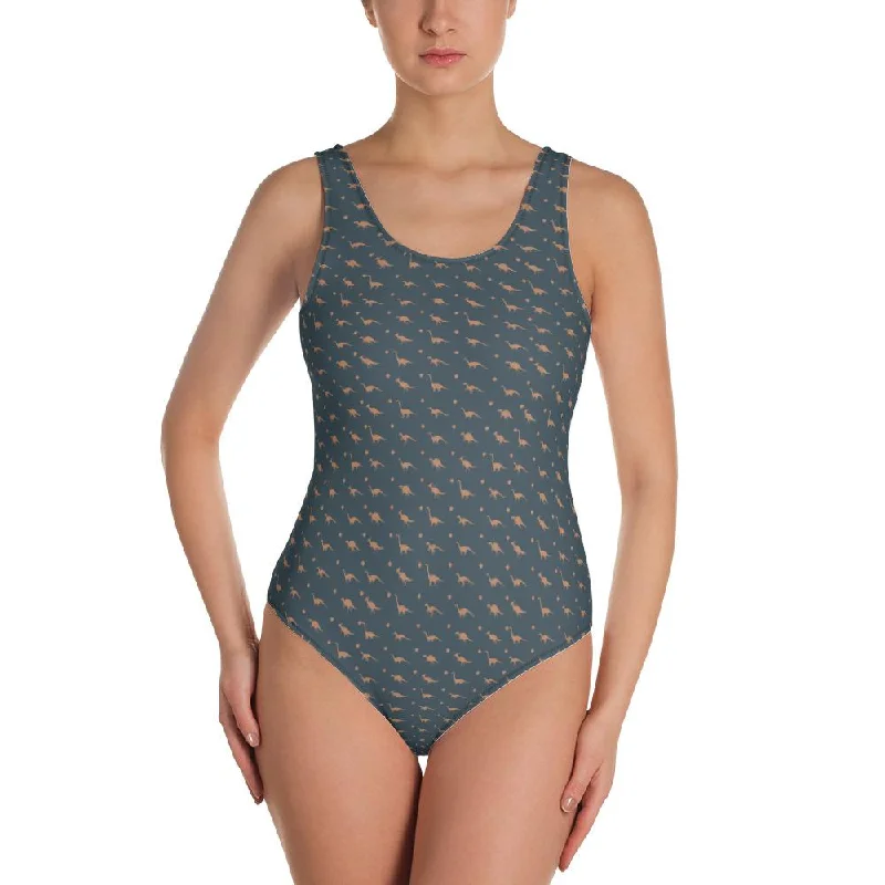 Womens Dinosaur Swimsuit - Blue & Gold Dinos Classic One-Piece