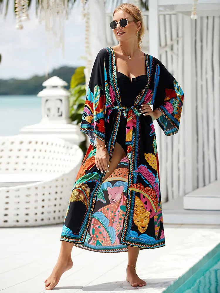 Bohemian Printed Belt Kimono Plus Size Batwing Sleeve Dress Summer Autumn Women Loose Beachwear Swimsuit Cover Up Sarong Adjustable Strap Swimsuit Bohemian Printed Belt Kimono Plus Size Batwing Sleeve Dress Summer Autumn Women Loose Beachwear Swimsuit Cover Up Sarong Adjustable Strap Swimsuit