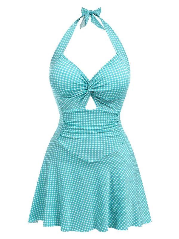 Blue Green 1930s Plaid Halter One-Piece Swimsuit Push-Up Bikini Top