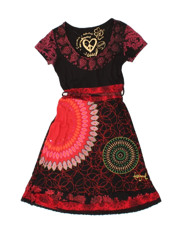 DESIGUAL Womens Graphic A-Line Dress UK 12 Medium Red Floral Cotton Tunics Leisure comfortable