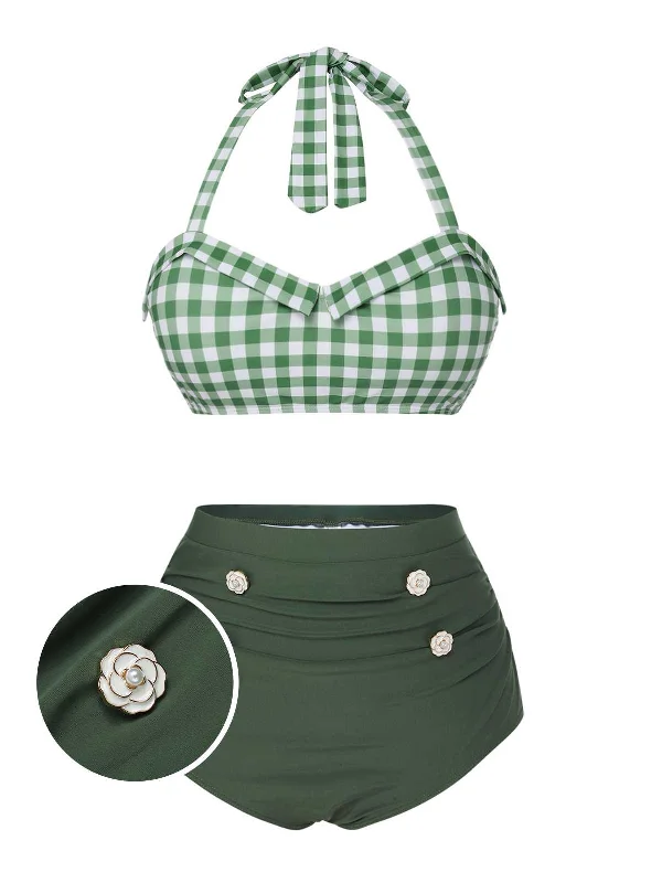 Green Gray 1940s Halter Plaids Swimsuit Sexy Swimwear Set