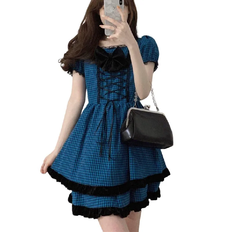 Check Pattern Dress with Large Bow Goth Fashion Cosplay Summer Dress Layered Look High Waist Puff Sleeves Tunics Short Trendy