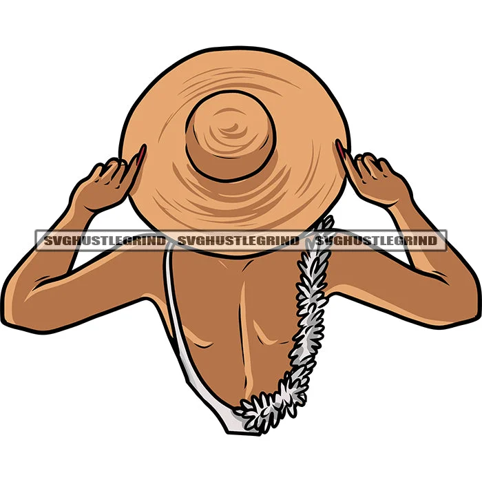 African American Sexy Woman Wearing Hat Long Nail Artwork Topless Girl On Beach Swimsuit Flower Chain Design Element BW Sexy Pose Vector SVG JPG PNG Vector Clipart Cricut Silhouette Cut Cutting Button-Front Swimsuit