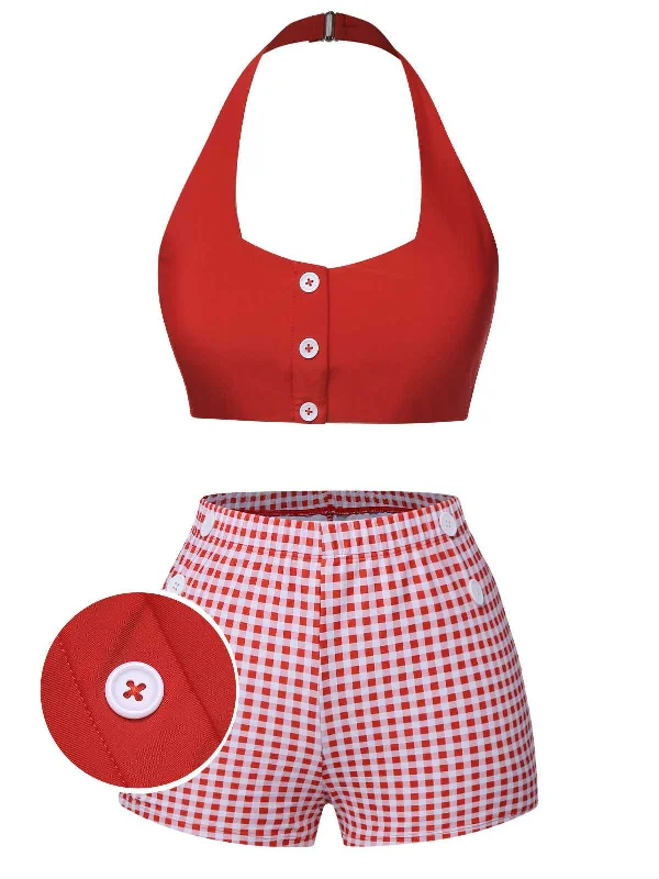 Red 1950s Halter Plaids Swimsuit Sexy Two-Piece Set