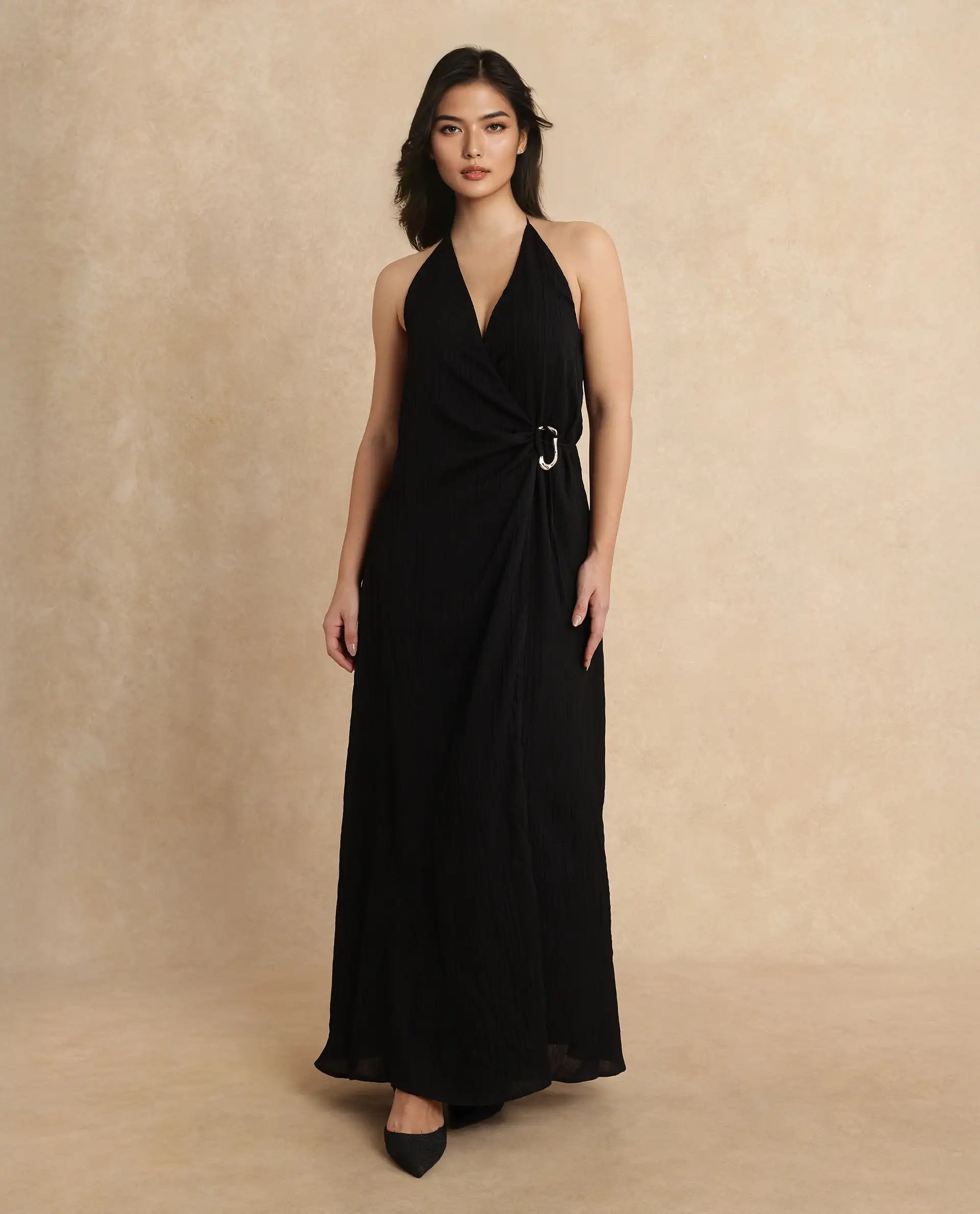Rareism Women Janram Black Polyester Fabric Sleeveless Tie-Up Neck Wrap Maxi Plain Dress Tunics Exclusive limited