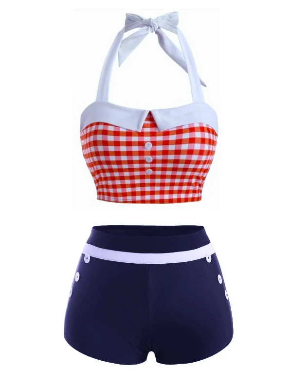 Red Plaid Halter Turndown Collar Swimsuit Tie-Back Swimwear