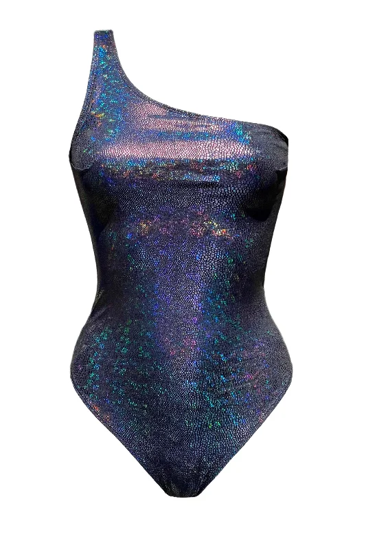 Amelia holographic black python swimsuit Retro Swimwear Style