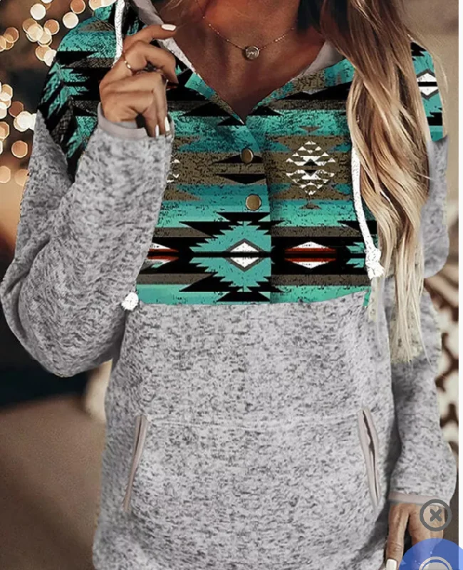 Ladies Aztec Hoodie with Pocket Hoodie with Snap Buttons Easy Quick