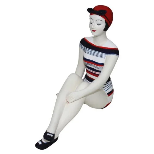 Bathing Beauty Figurine in Red, White, and Navy Striped Swimsuit - Medium Size Bather Statue Sitting with Knees Up Adjustable Bikini Bottoms