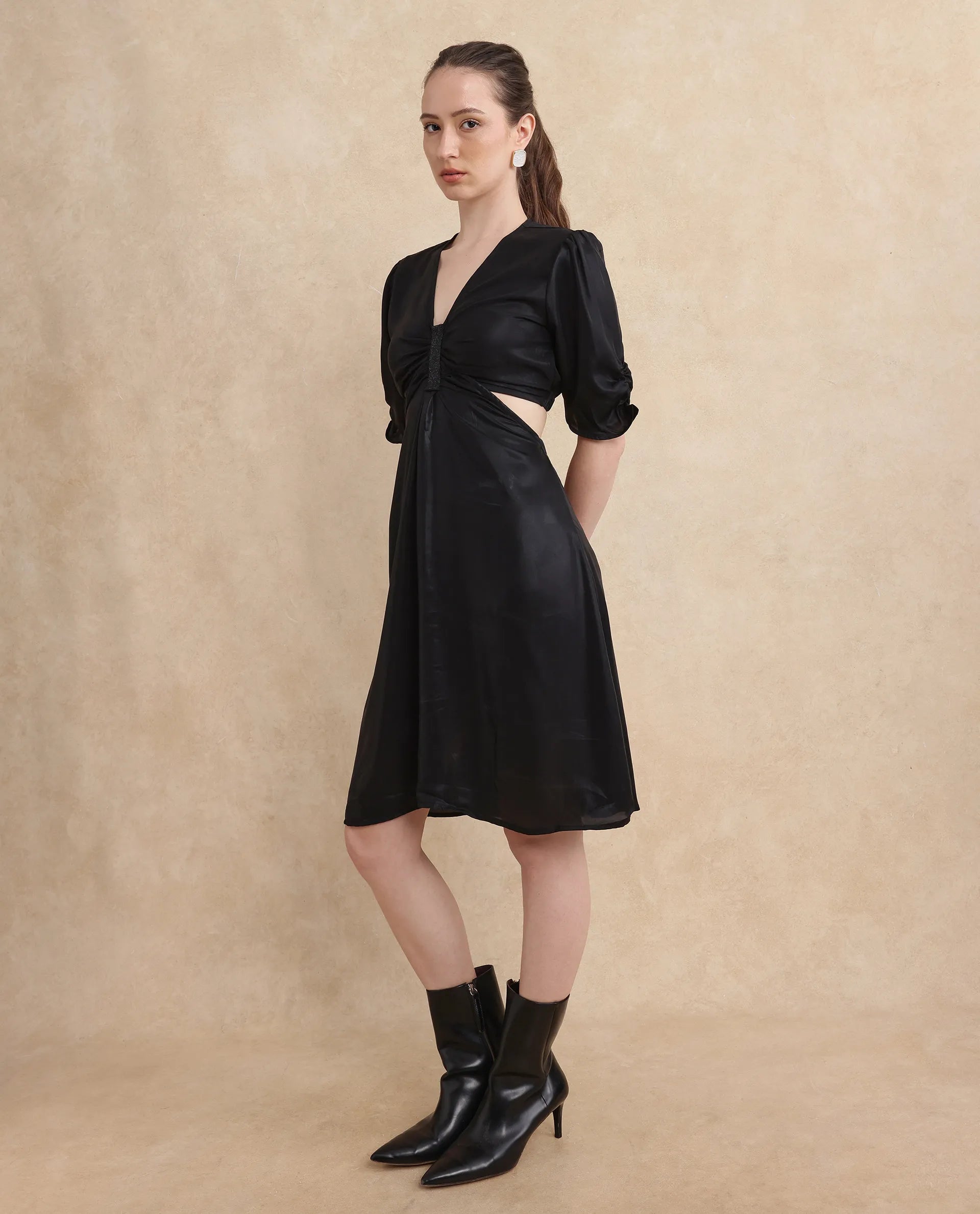 Rareism Women Besman Black V-Neck Button Closure Fit And Flare Knee Length Plain Dress Tunics Stylish modern