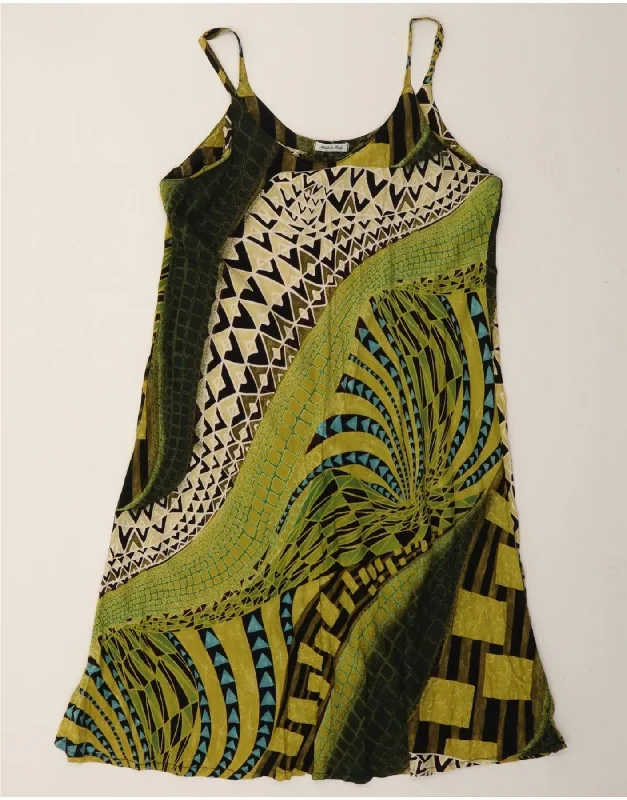 VINTAGE Womens Abstract Pattern Slip Dress UK 14 Medium Green Viscose Tunics Fashionable trendy