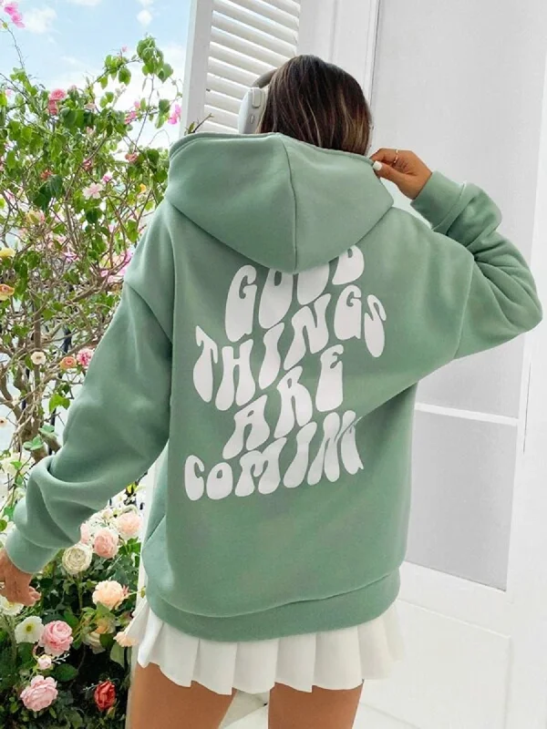 Green Printed Fleece Hoody oversized Long Sleeve Womens Sweatshirt Hoodie with Hem Applique Textured Unique