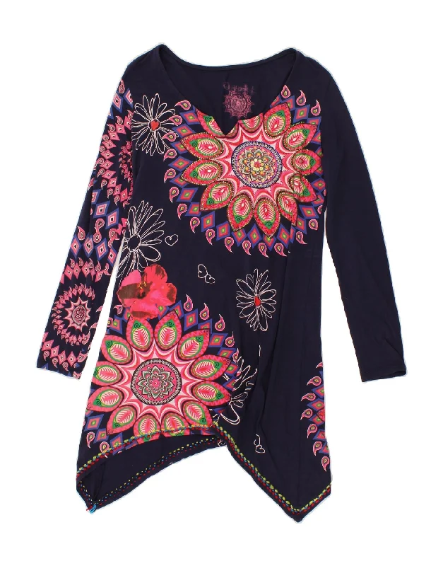 DESIGUAL Womens Graphic Long Sleeve Tunic Dress UK 20 2XL Navy Blue Floral Tunics Canvas sturdy