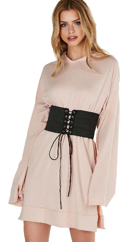 Robbin Hood Tunic Corset Sweatshirt Dress Blush Pink Hoodie with Side Slits Relaxed Casual