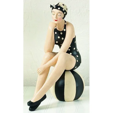 Bathing Beauty Figurine on Beach Ball - Black & White Swimsuit & Head Scarf Soft Beachwear Set