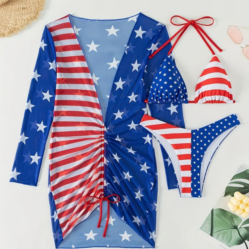 Blue Zone Planet | Swimsuit Sleeveless Halter Loose Independence Day Flag Printed Yarn Three-piece Set Playful Pattern Swimsuit
