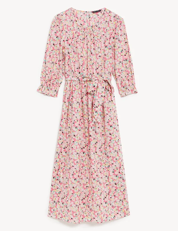 Pure Cotton Floral V-Neck Midi Waisted Dress Crew Neckline Casual