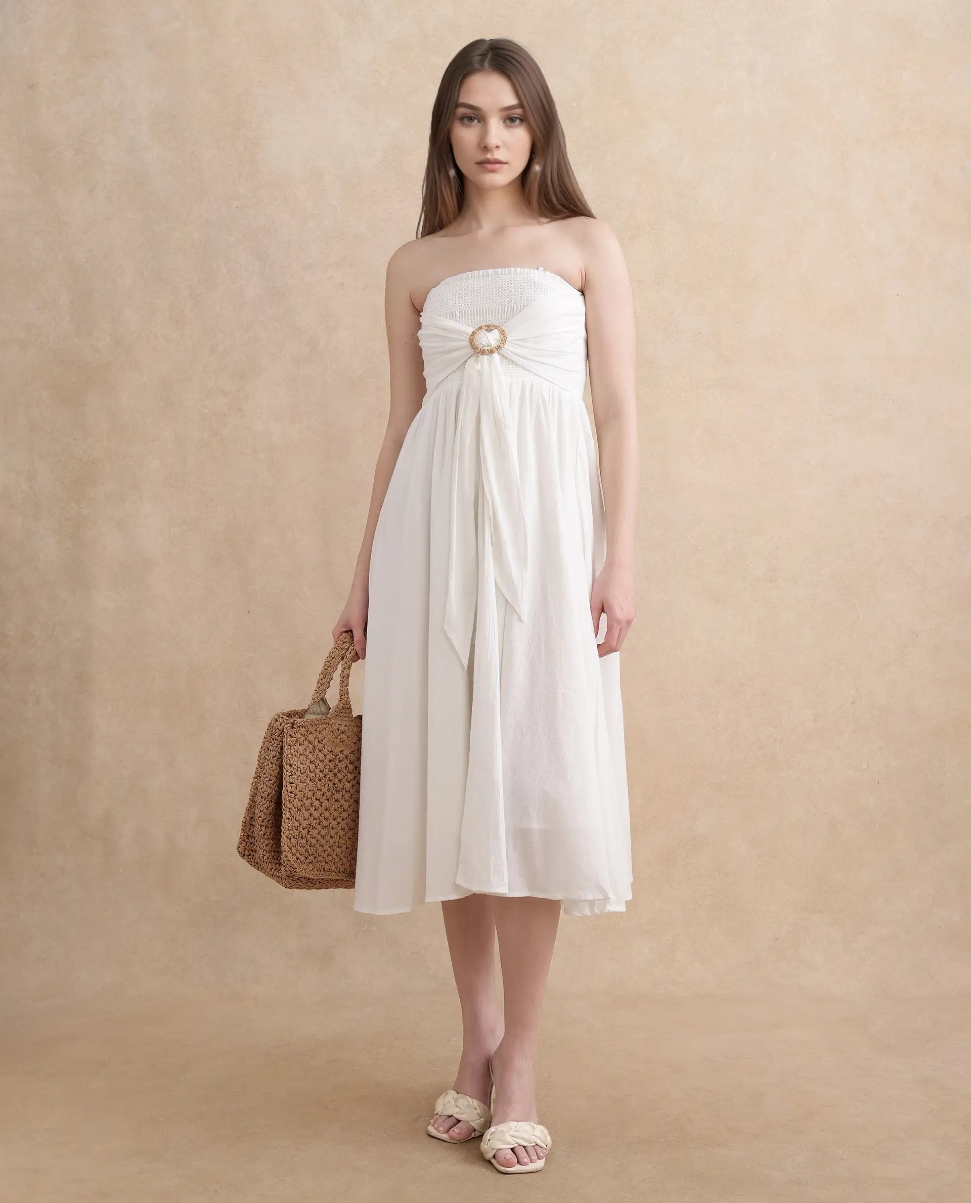 Rareism Women Janpla Off White Cotton Fabric Sleeveless Tube Neck Fit And Flare Midi Plain Dress Tunics Bestseller popular