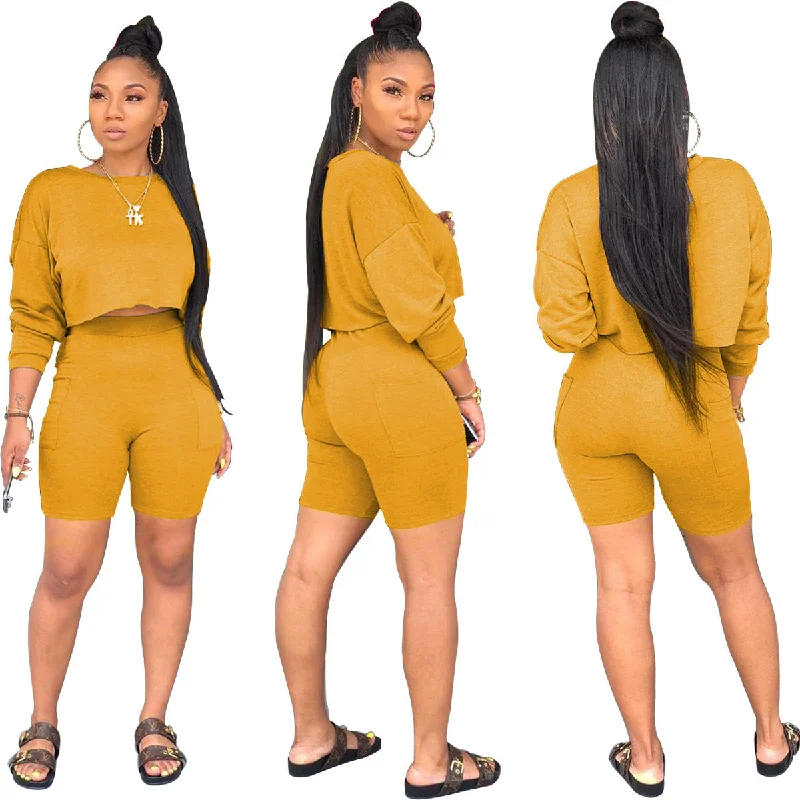 Ladies Fashion Round Neck Long Sleeve Sweatshirt Shorts Set Two Piece Set Hoodie Crop Top Short Trendy