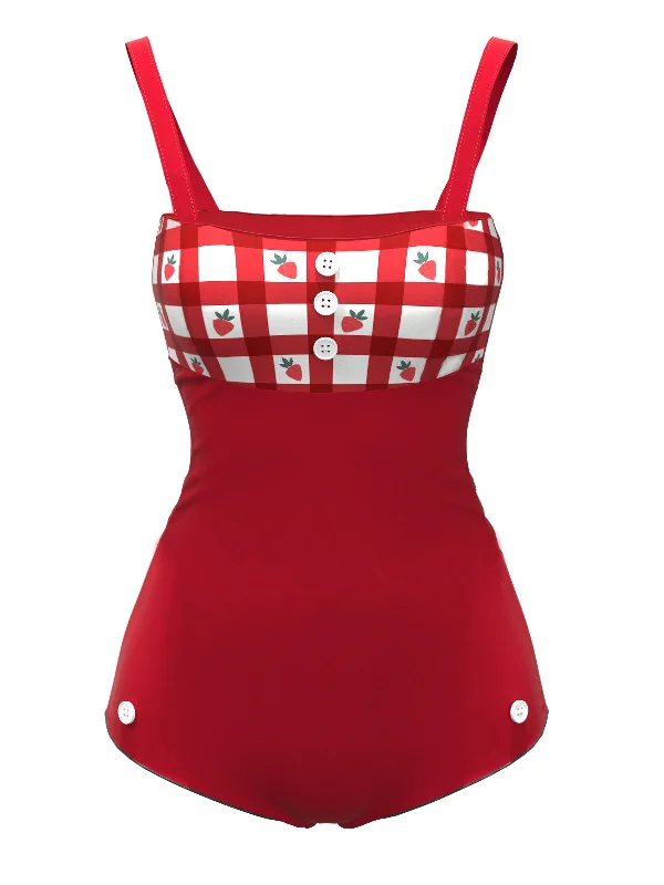 Red 1950s Strawberry Plaid Suspender Swimsuit Bold High-Cut Bikini