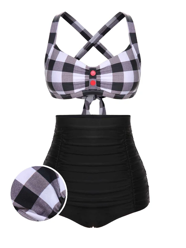 1950s Double Strap Buttoned Plaids Swimsuit Retro Swimwear Style