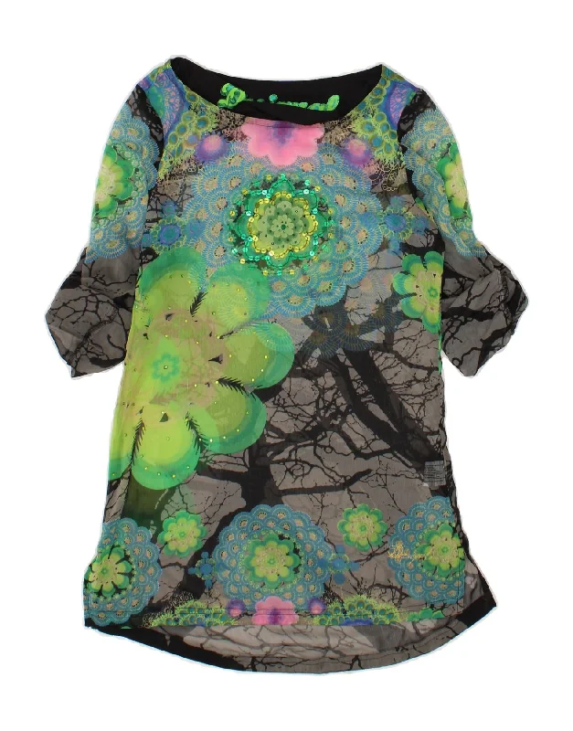 DESIGUAL Womens Long Sleeve A-Line Dress UK 6 XS Green Floral Polyester Tunics Sophisticated sleek