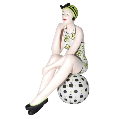 Bathing Beauty Figurine in White and Lime Green Floral Swimsuit Sitting on Beach Ball Lace Back Bikini