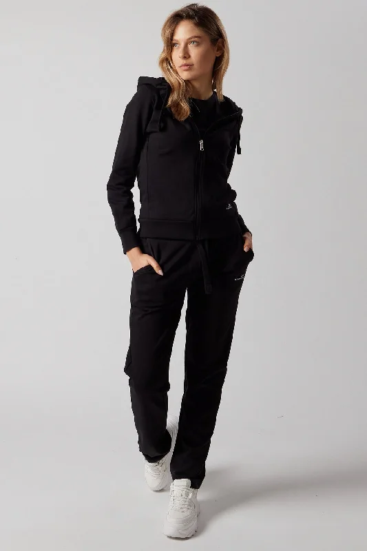Women's Set With Zippered Hoodie And Joggers Black Hoodie with Drawcord Adjustable Secure
