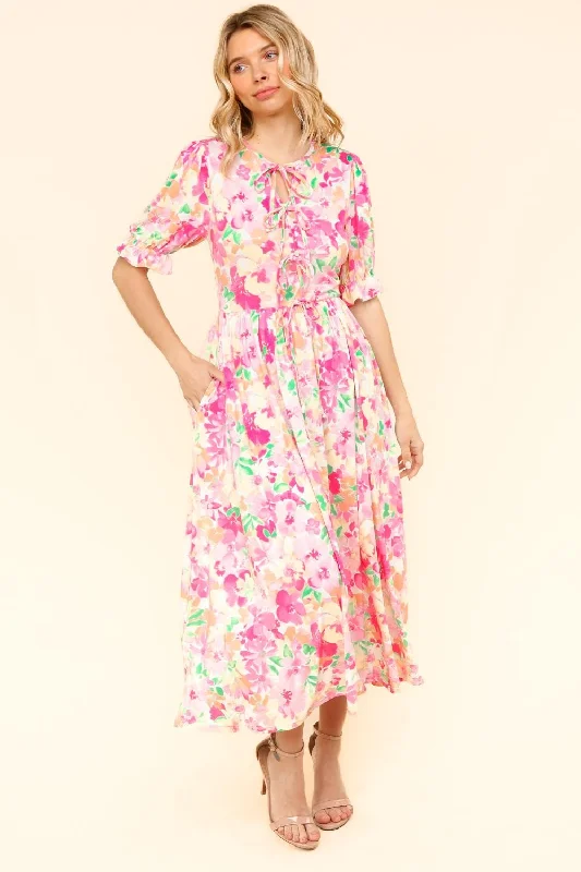 FLORAL PRINT MIDI LENGTH DRESS WITH RIBBON DETAIL Off-the-shoulder Chic Trendy