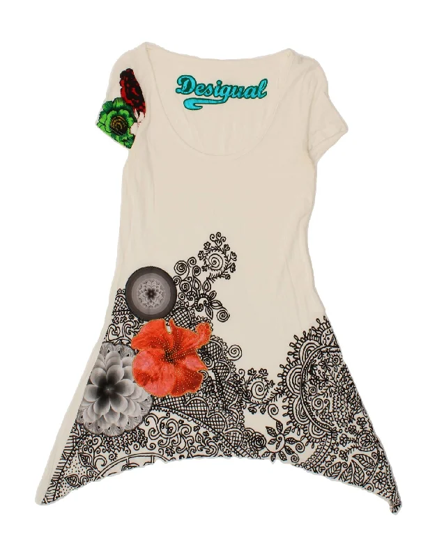 DESIGUAL Womens Graphic Asymmetric Tunic Dress UK 16 Large White Floral Tunics Vintage classic