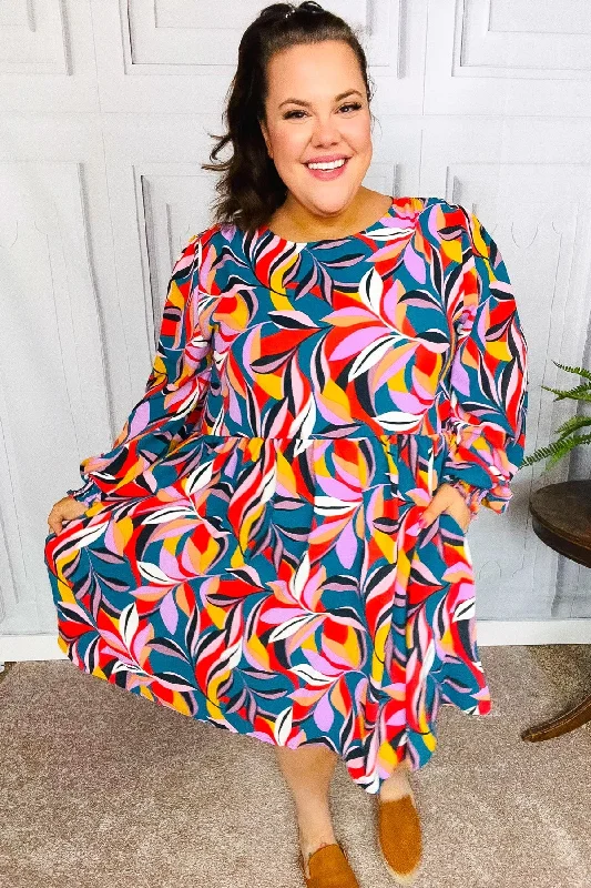 Perfectly You Teal Abstract Print Smocked Cuff Bubble Sleeve Dress (Open Pack) Shift Classic Vintage