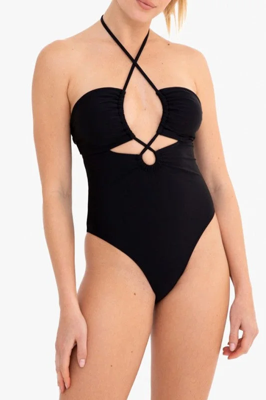 CUT OUT HALTER ONE-PIECE SWIMSUIT Ruffled Swimsuit Top