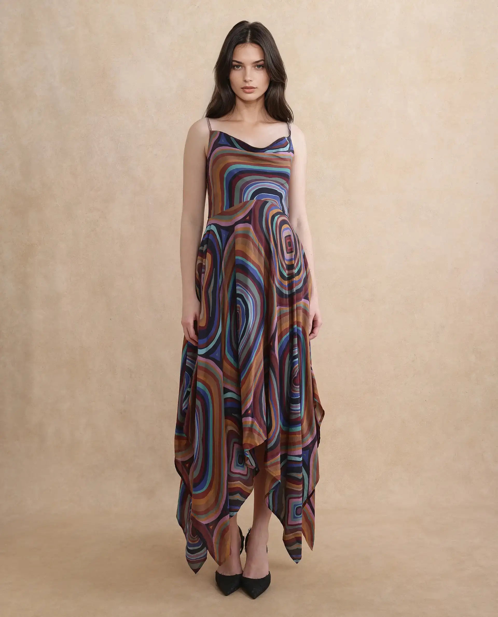 Rareism Women Janudya Dark Multi Viscose Fabric Sleeveless Fit And Flare Maxi Abstract Print Dress Tunics Vintage classic Rareism Women Janudya Dark Multi Viscose Fabric Sleeveless Fit And Flare Maxi Abstract Print Dress Tunics Vintage classic
