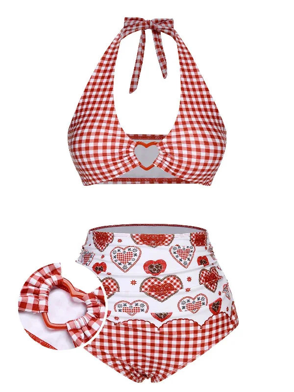 Red 1950s Halter Heart Plaids Swimsuit Stylish Swimsuit Set