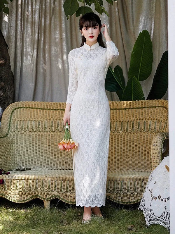 Modern Chinese Qipao dress, Evening Dress, white lace qipao, mandarin collar Tunics Floral girly