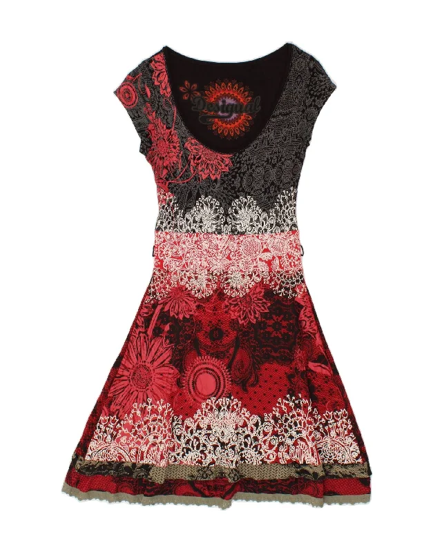 DESIGUAL Womens Short Sleeves A-Line Dress UK 4 XS Multicoloured Patchwork Shift Classic Vintage