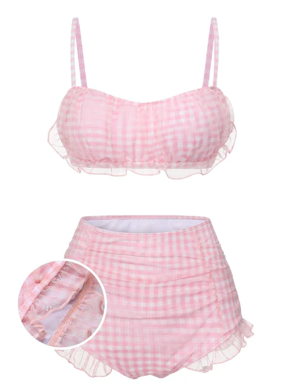 Pink 1940s Spaghetti Strap Mesh Plaids Swimsuit Monokini Swimsuit Design