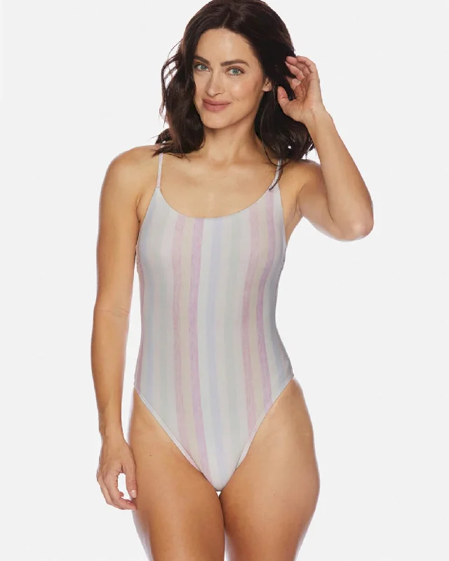 Heather Ombre Stripe Removable Soft Cup One-Piece Swimsuit Mesh Detail Bikini